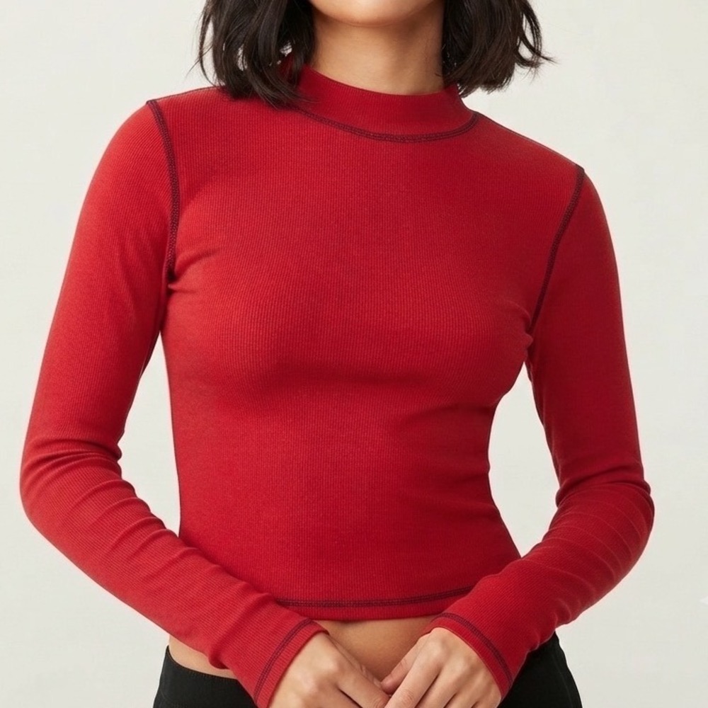 American Eagle Red Pointelle Mock Neck Crop Top Long Sleeve Small